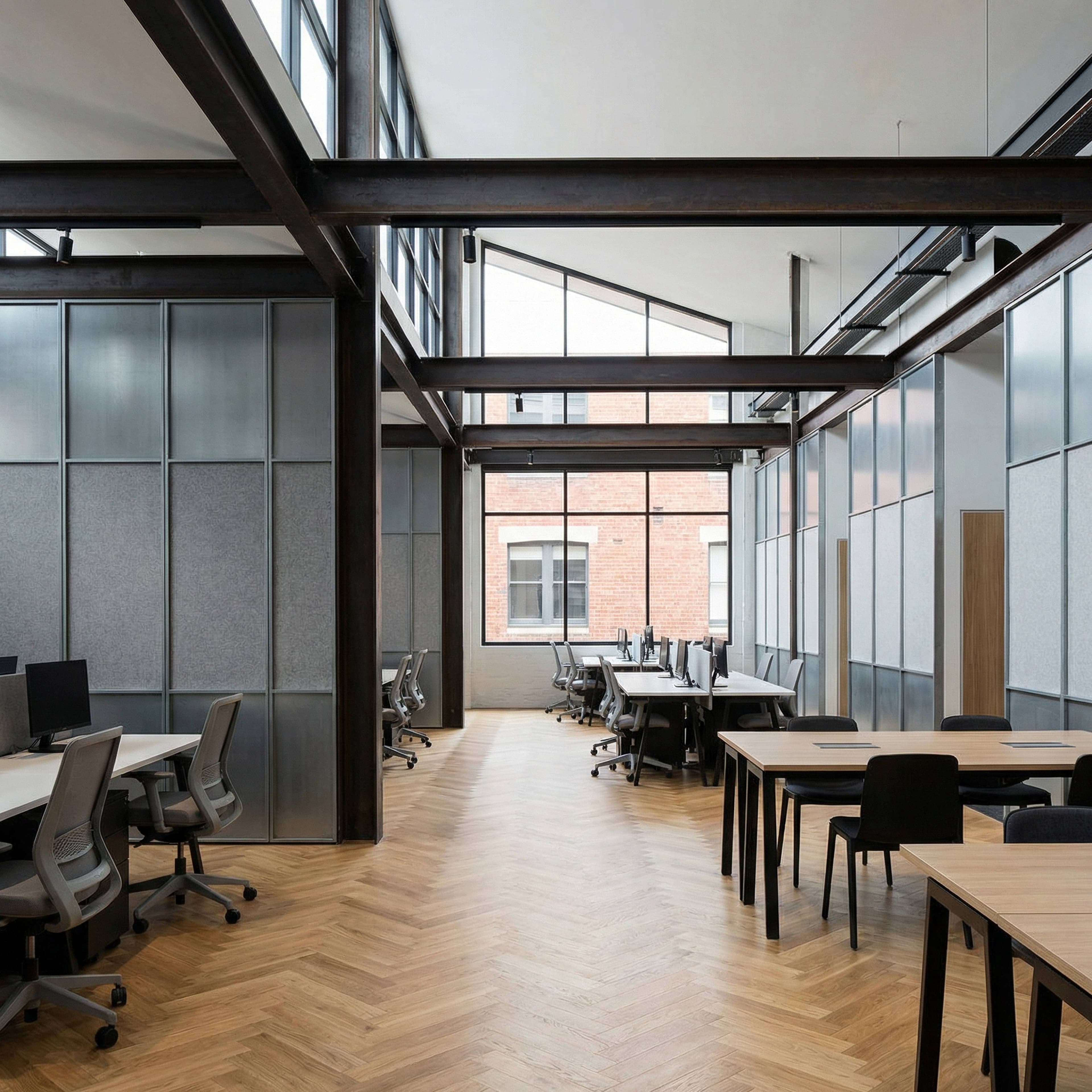 Open plan office fitout with herringbone oak floors, full-height glazed partitions, exposed steel structure, and collaborative workbenches — Collingwood