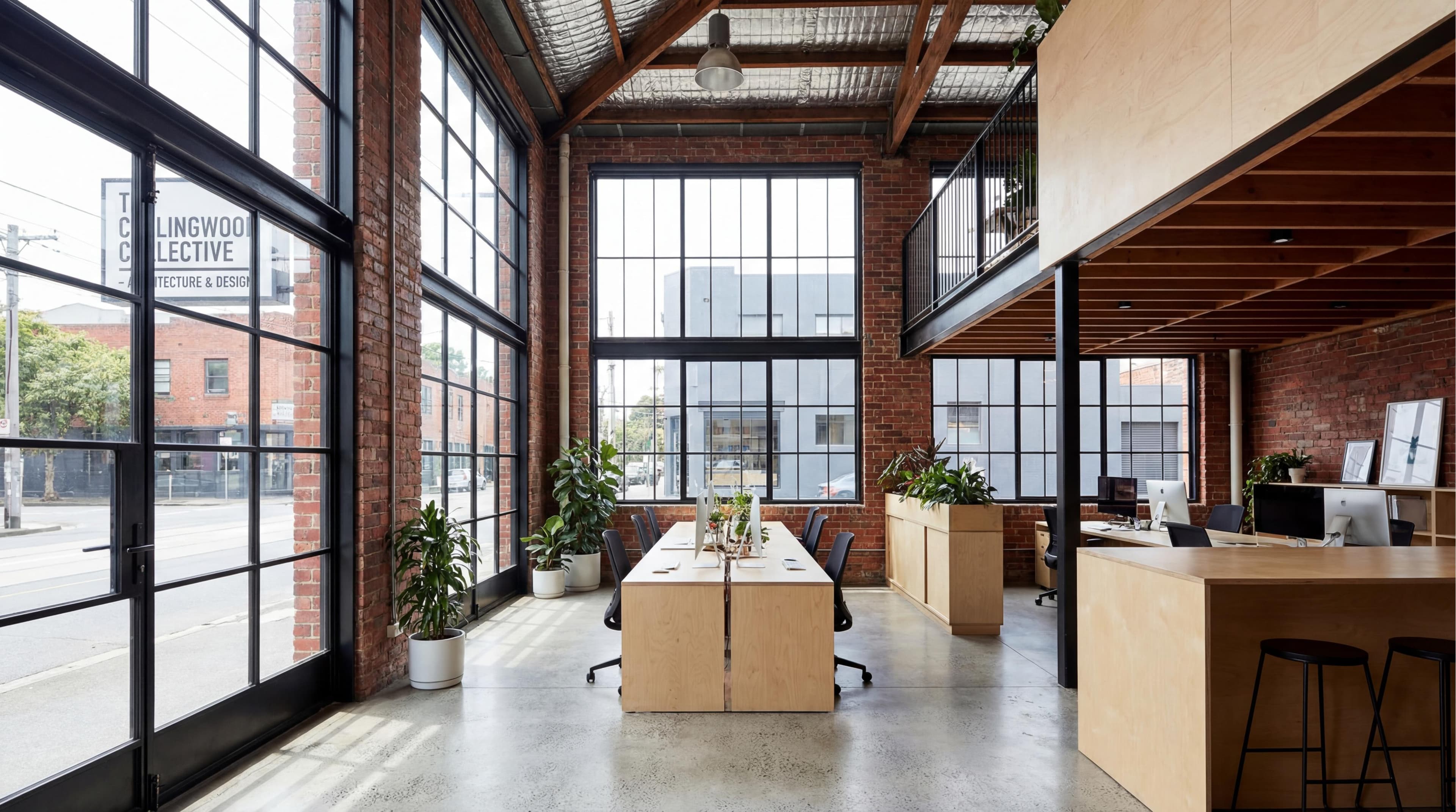 Co-working fitout in a converted warehouse with exposed brick, full-height steel-framed windows, polished concrete floors, timber joinery, and mezzanine level — Collingwood